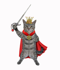 A gray cat dressed in a gold crown and a red cloak holds a sword. White background. Isolated.