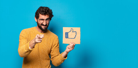 young crazy bearded man with a social media like banner