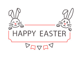 Easter bunnies vector greeting card, holiday banner thin line art. Black and red colors outline design. Holiday illustration