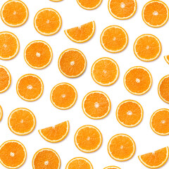  pattern of orange fruit slices. Orange slices isolated on white background. Food background. Flat lay, top view.
