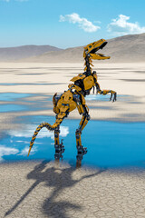 Fototapeta premium cyber raptor is standing up on the desert after rain rear view