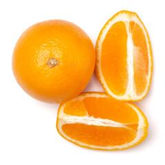 Orange fruit slice  isolated on white background closeup. Food background. Flat lay, top view.