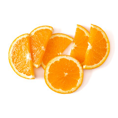 Orange fruit slice  isolated on white background closeup. Food background. Flat lay, top view.