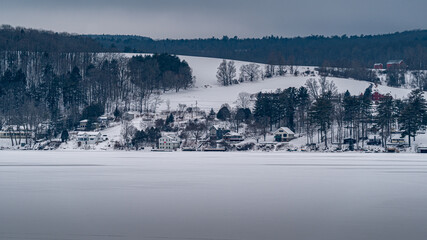 A snow covered town off the banks of the Otsego lake in Cooperstown, New York. 