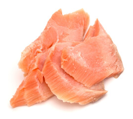 smoked salmon segments isolated on white background cutout. Prepared fish fillet fibres.