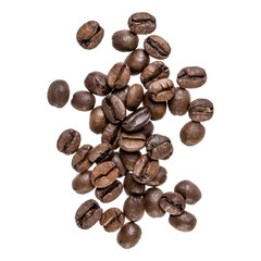 Naklejka premium Coffee beans isolated on white background. Top view. Flat lay. Coffee beans flow in air, without shadow.