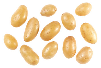 Potatoes isolated on white background. Top view. Flat lay pattern. Potatoes in air, without shadow.