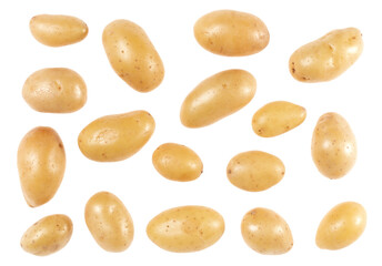 Potatoes isolated on white background. Top view. Flat lay pattern. Potatoes in air, without shadow.