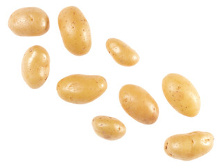 Potato isolated on white background with copy space for your text. Top view. Flat lay pattern. Potatoes in air, without shadow.