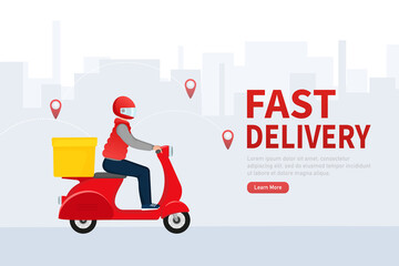 Fast delivery in flat style. Food delivery service. The courier rides a motorbike with the goods.