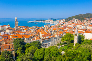 aerial view of old town of Split dominated by belltower of Saint Domnius cathedral, Croatia