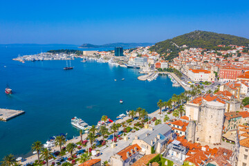 Aerial view of Riva promenade in Split with Marjan hill, Croatia