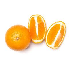 Orange fruit slice  isolated on white background closeup. Food background. Flat lay, top view.