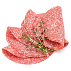 Salami smoked sausage slices isolated on white background