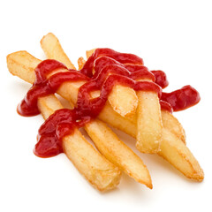 French Fried Potatoes with ketchup isolated on white background