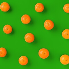 Fruit pattern of fresh orange tangerine or mandarin on green background. Flat lay, top view. Pop art design, creative summer concept. Citrus in minimal style.