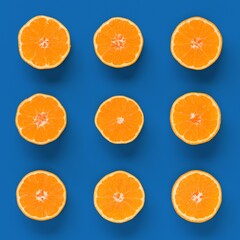 Fruit pattern of fresh orange tangerine or mandarin on blue background. Flat lay, top view. Pop art design, creative summer concept. Citrus in minimal style.