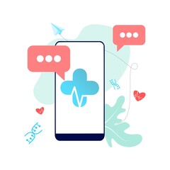 Online tele medicine flat illustration concept. Medical consultation and treatment via application of smartphone connected internet clinic. Online ask doctor consultation technology in mobile vector.