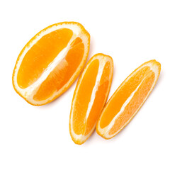 Orange fruit slice  isolated on white background closeup. Food background. Flat lay, top view.