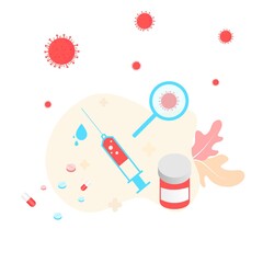 Vaccination concept. Immunization campaign. COVID-19 Virus Vaccine shot. Health care and protection. Medicine and syringe with a vaccine bottle protection shield and virus. Medical treatment icons.