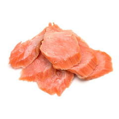 smoked salmon segments isolated on white background cutout. Prepared fish fillet fibres.