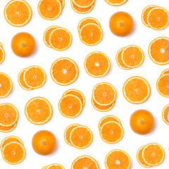  pattern of orange fruit slices. Orange slices isolated on white background. Food background. Flat lay, top view.