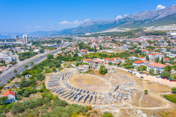 Aerial view of Roman amphitheater ancient Salona near Split, Croatia