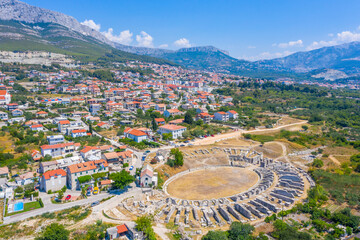 Aerial view of Roman amphitheater ancient Salona near Split, Croatia