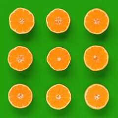 Fruit pattern of fresh orange tangerine or mandarin on green background. Flat lay, top view. Pop art design, creative summer concept. Citrus in minimal style.