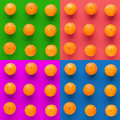 Fototapeta premium Fruit pattern of fresh orange tangerine or mandarin on colorful background. Flat lay, top view. Pop art design, creative summer concept. Citrus in minimal style.
