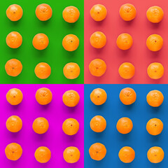 Fruit pattern of fresh orange tangerine or mandarin on colorful background. Flat lay, top view. Pop art design, creative summer concept. Citrus in minimal style.