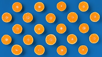Fruit pattern of fresh orange tangerine or mandarin on blue background. Flat lay, top view. Pop art design, creative summer concept. Citrus in minimal style.