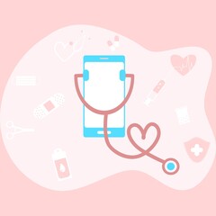 Online tele medicine flat illustration concept. Medical consultation and treatment via application of smartphone connected internet clinic. Online ask doctor consultation technology in mobile vector.