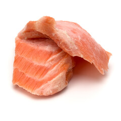 smoked salmon segments isolated on white background cutout. Prepared fish fillet fibres.