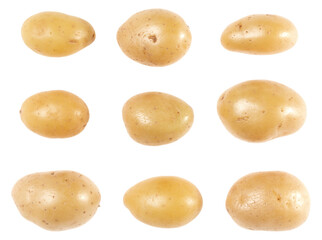 Potatoes set isolated on white background. Top view. Flat lay pattern. Potatoes in air, without shadow.