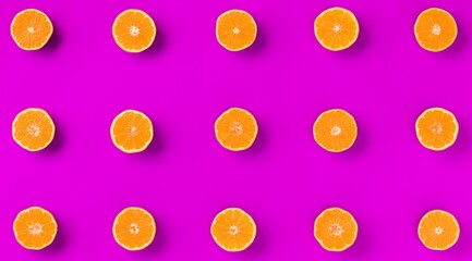 Fruit pattern of fresh orange tangerine or mandarin on lilac background. Flat lay, top view. Pop art design, creative summer concept. Citrus in minimal style.