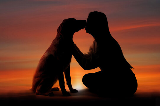 woman and dog silhouette at beautiful sunset