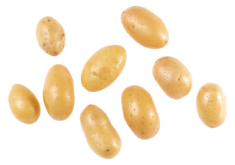 Potatoes isolated on white background. Top view. Flat lay pattern. Potatoes in air, without shadow.