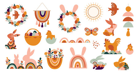 Obraz premium Boho Easter concept design, bunnies, eggs, flowers and rainbows in pastel and terracotta colors, flat vector illustrations