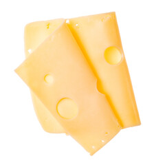 Two cheese slices isolated on white background. Top view. Flat lay. Cheese slice in air, without shadow.