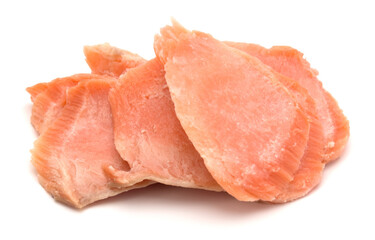 smoked salmon segments isolated on white background cutout. Prepared fish fillet fibres.