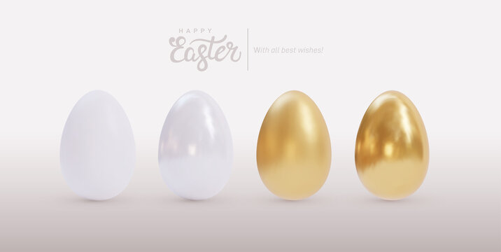 Happy Easter. Set of Easter realistic eggs white and gold with different matte and glossy textures. Spring holiday. Happy easter eggs. Vector Illustration. Isolated on white background.