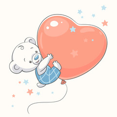 Cute baby bear floating with big balloon, vector illustration.