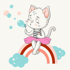 Vectorillustratie van een schattige kat zittend op een regenboog en zeepbellen blazen.