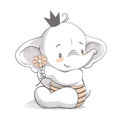 Vectorillustratie van een schattige kleine olifant met kroon en bloem, baby shower card.