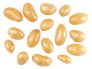 Potatoes isolated on white background. Top view. Flat lay pattern. Potatoes in air, without shadow.