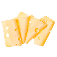 cheese slices isolated on white background. Top view. Flat lay. Cheese slice in air, without shadow.