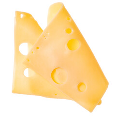 Two cheese slices isolated on white background. Top view. Flat lay. Cheese slice in air, without shadow.