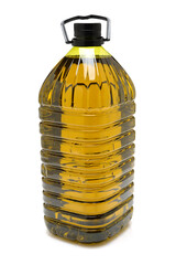 Plastic bottle of oil with green lid and handle 