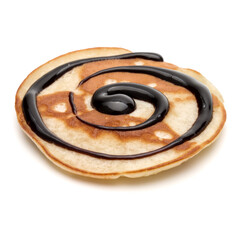 One pancake with chocolate syrup isolated on white background cutout.